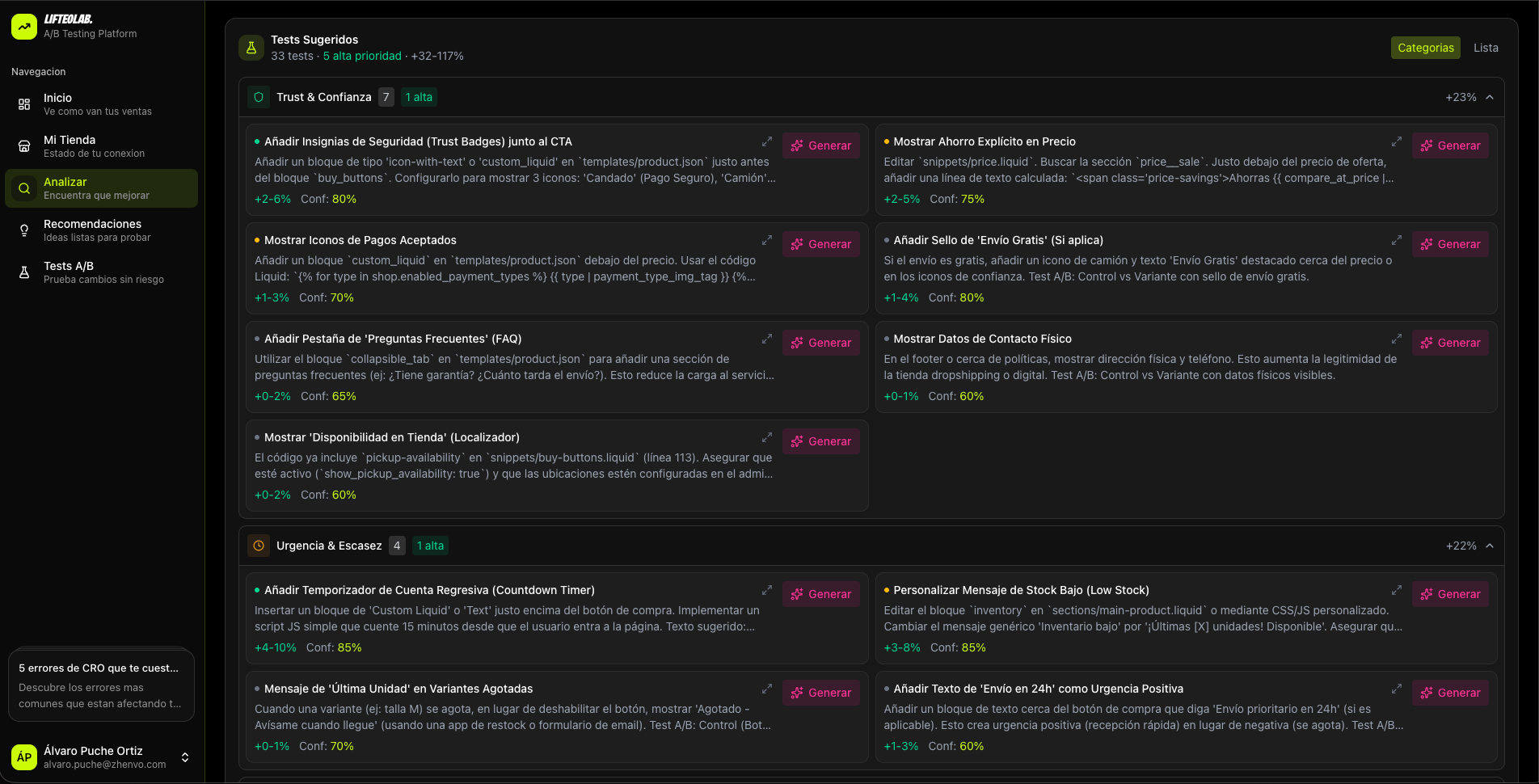 AI generating 33 CRO recommendations with categories like Trust, Urgency, and impact metrics